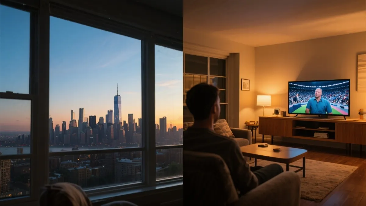 跨时区球迷在清晨或深夜看球的生活方式场景图